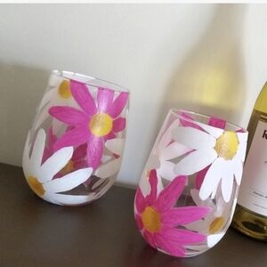 Floral Stemless Wine Glass Set Of 2 Hand Painted
